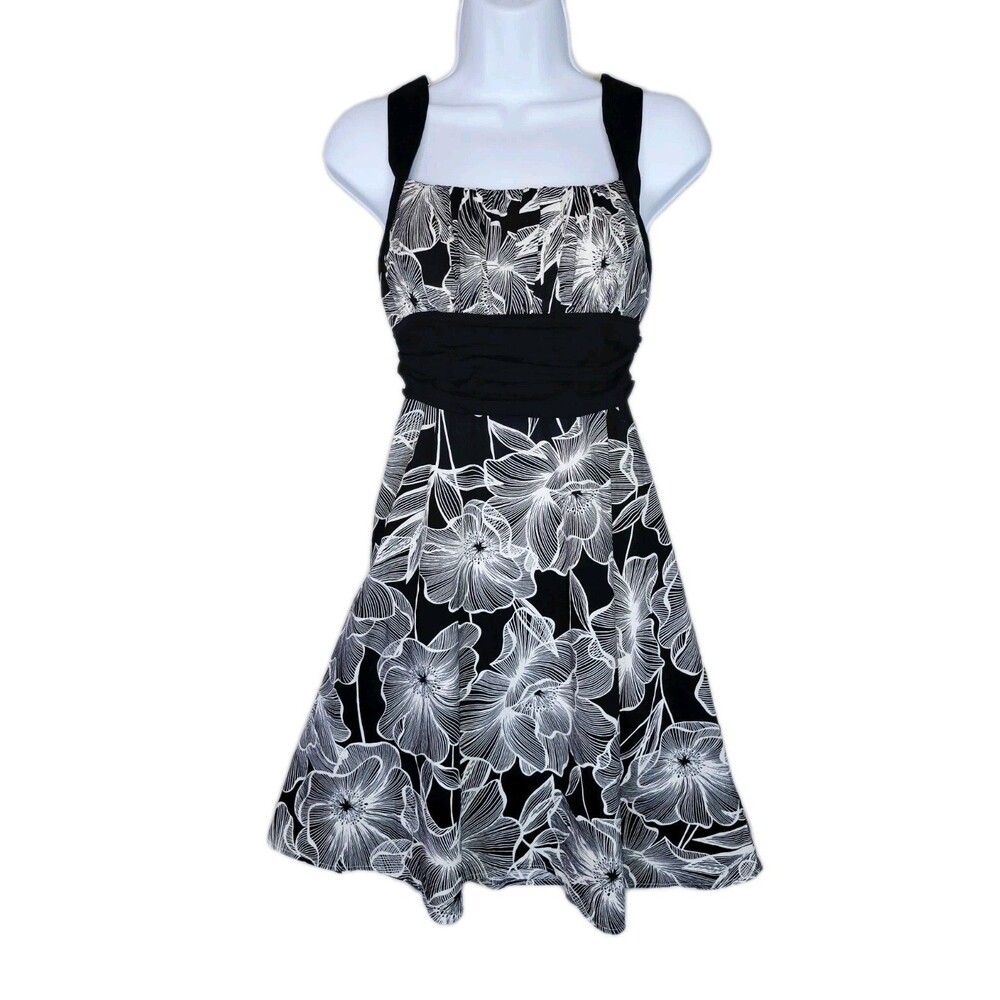 Y2K Babydoll Dress Womens 4 Black White Floral Bow Tie Back Coquette Dainty